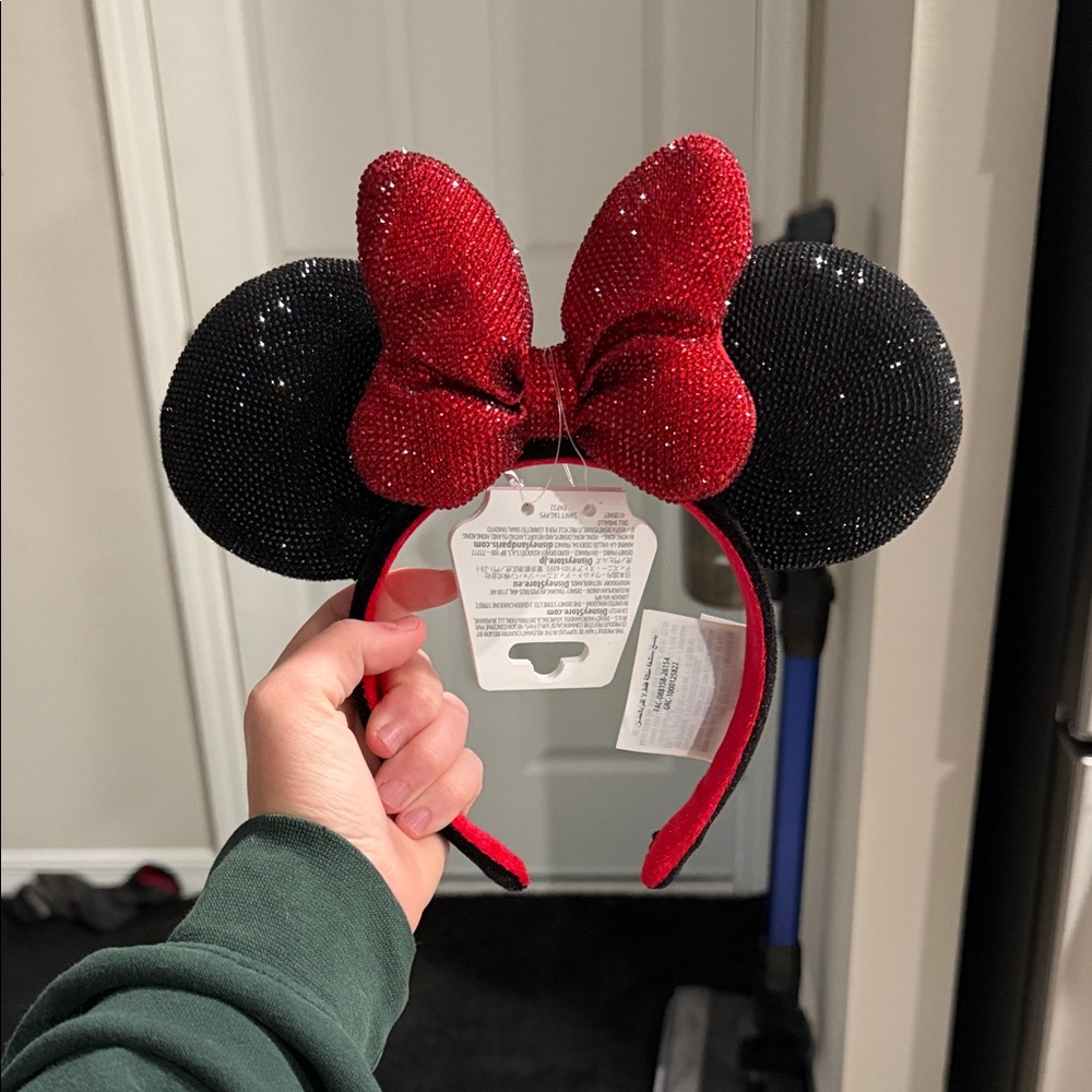 Disney Black Sparkle Mouse Ear Headband with Red Glitter Bow